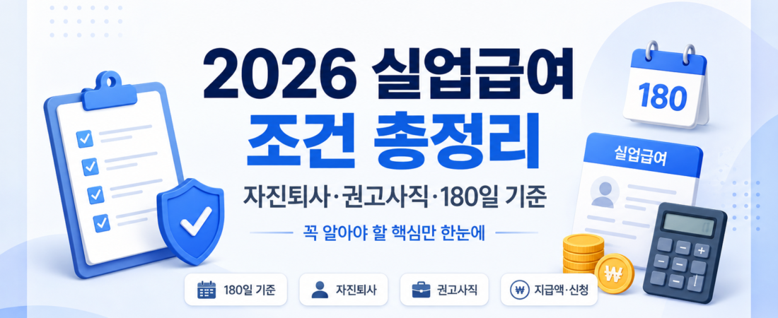 2026 실업급여 조건 총정리|자진퇴사·권고사직·180일 기준