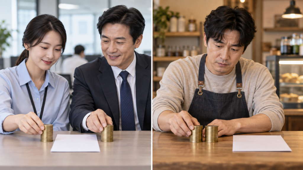 직장가입자의 공동 부담과 지역가입자의 본인 부담을 대비한 설명 이미지