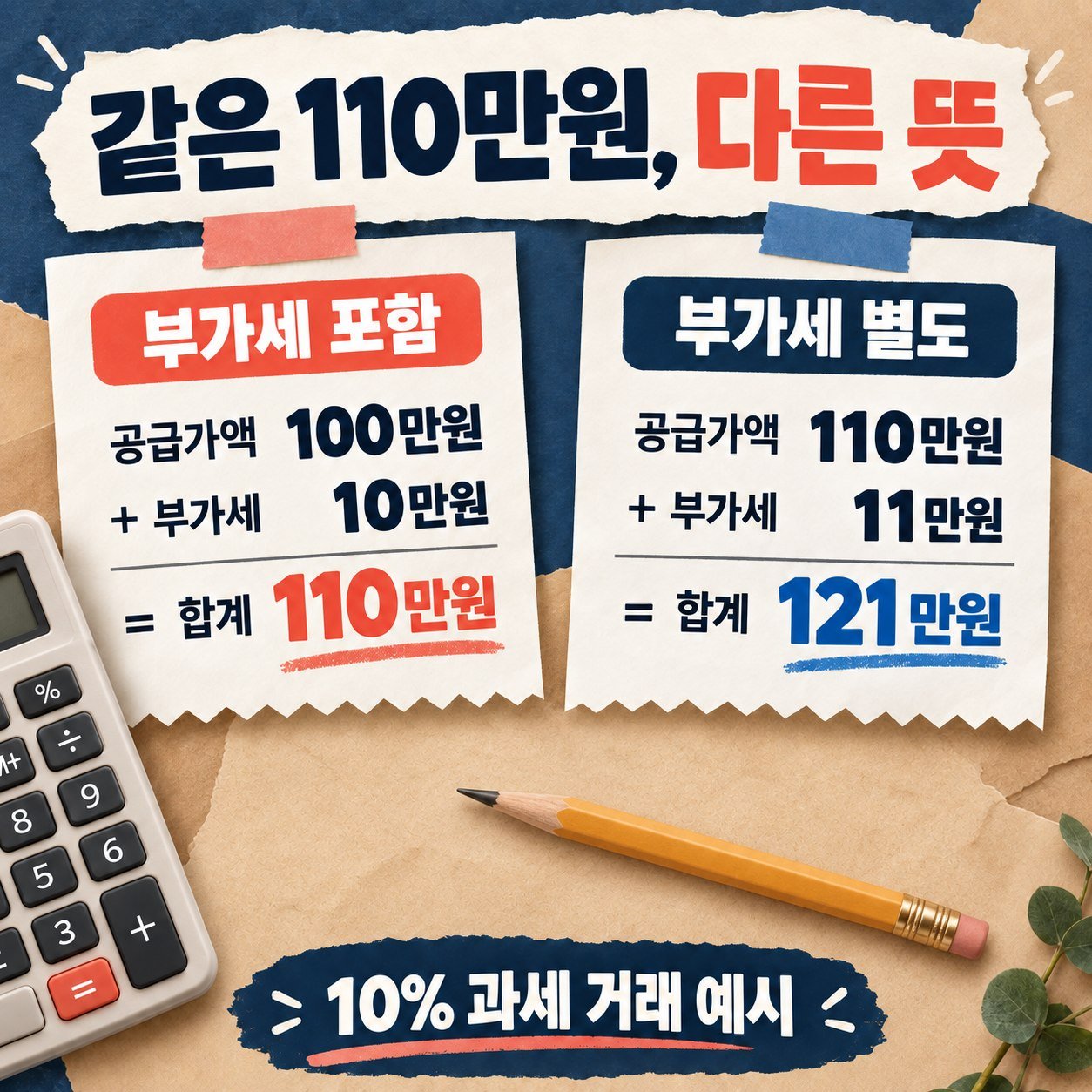 110만원이 부가세 포함이면 공급가액 100만원과 세액 10만원, 별도이면 공급가액 110만원과 세액 11만원으로 합계 121만원