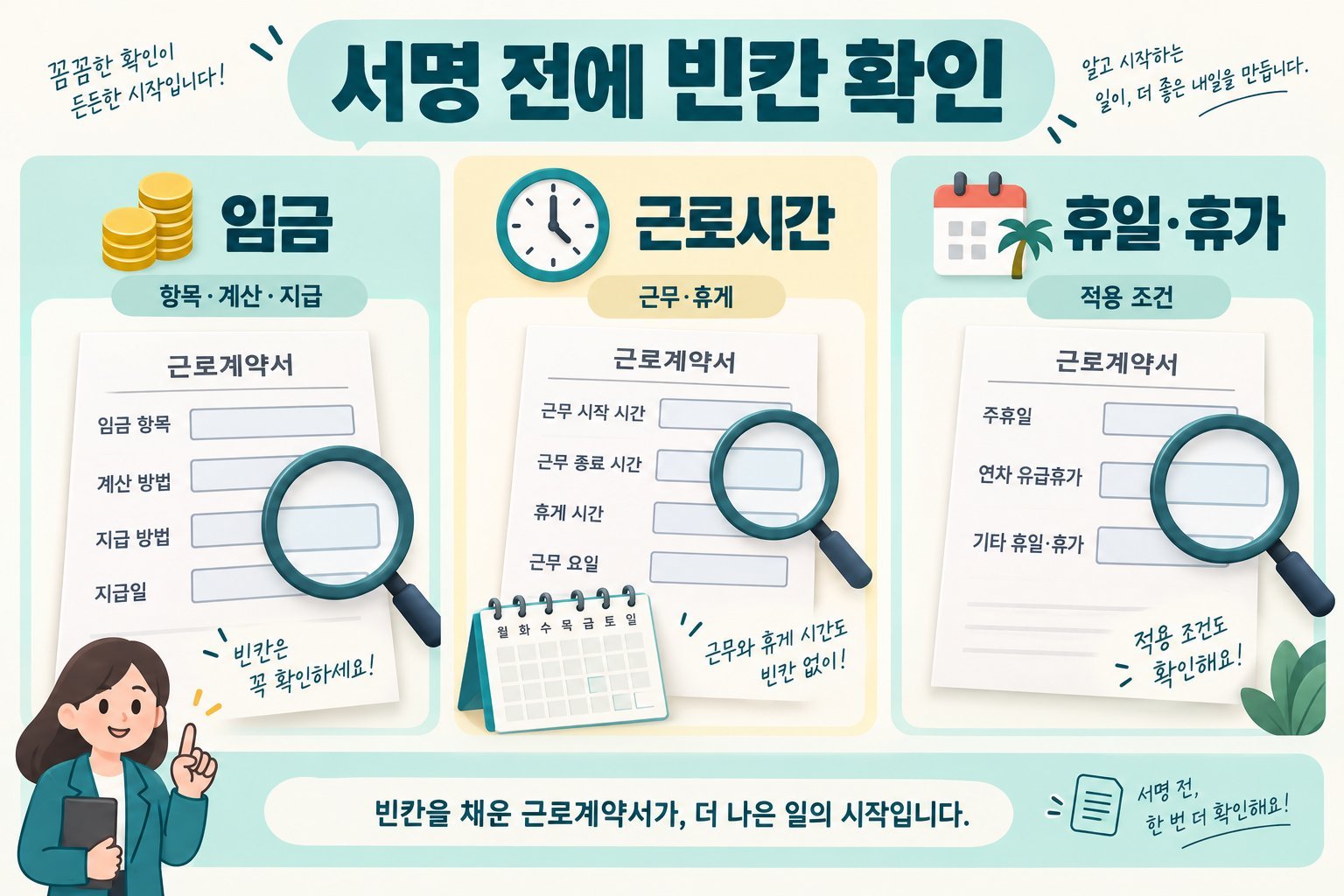 임금·근로시간·휴일과 휴가의 빈칸 확인