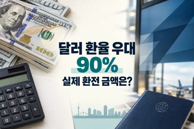 달러 환율 우대 90%와 실제 환전 금액을 확인하는 설명용 표지