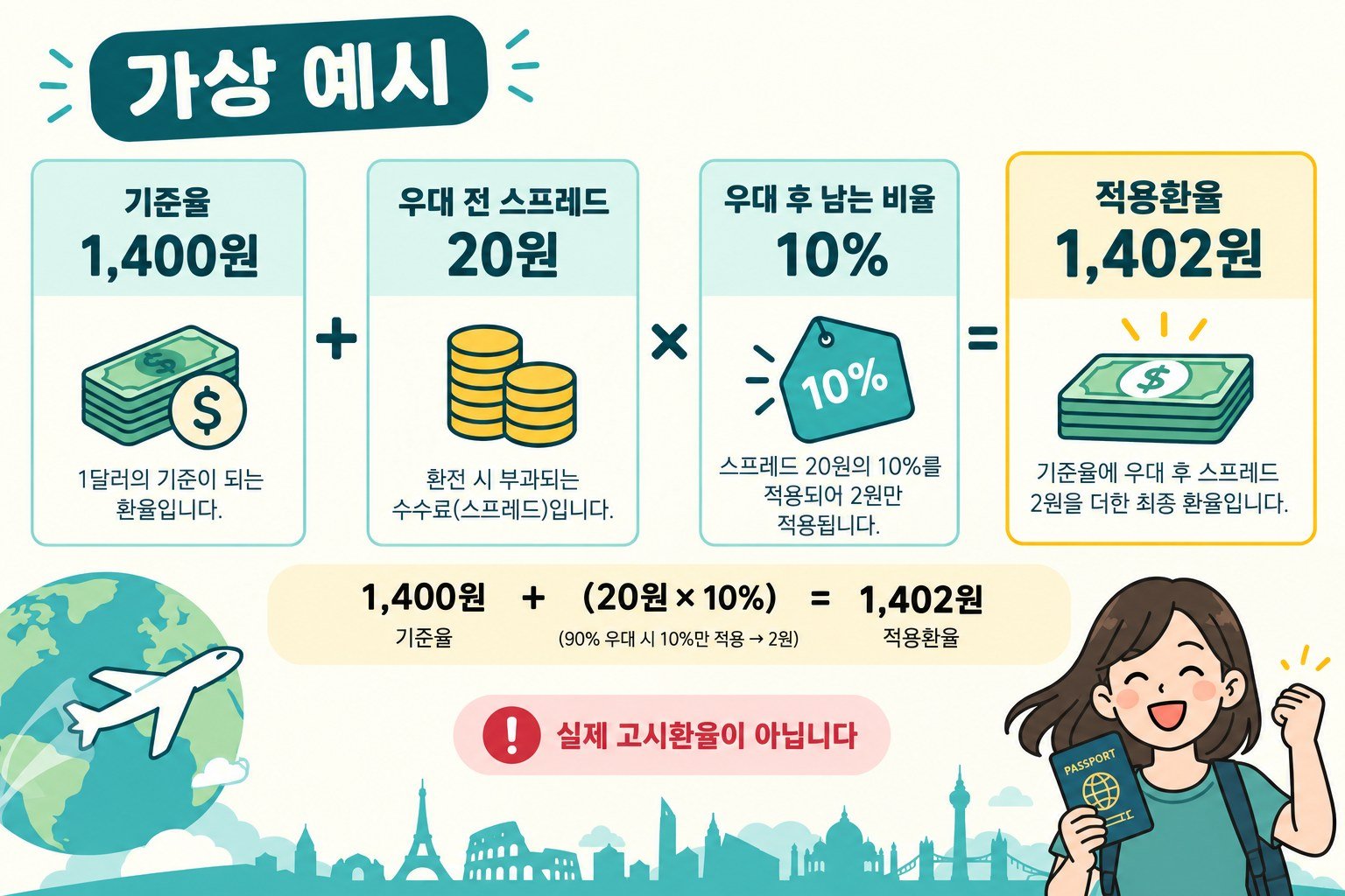 1400원에 20원의 10%인 2원을 더해 1402원으로 계산하는 가상 예시