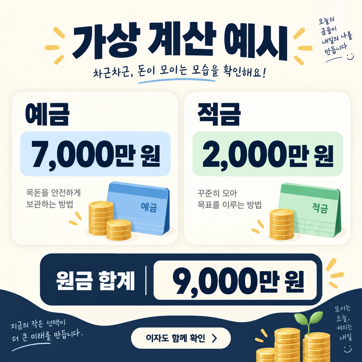 예금 7천만 원과 적금 2천만 원을 합친 가상 원금 계산