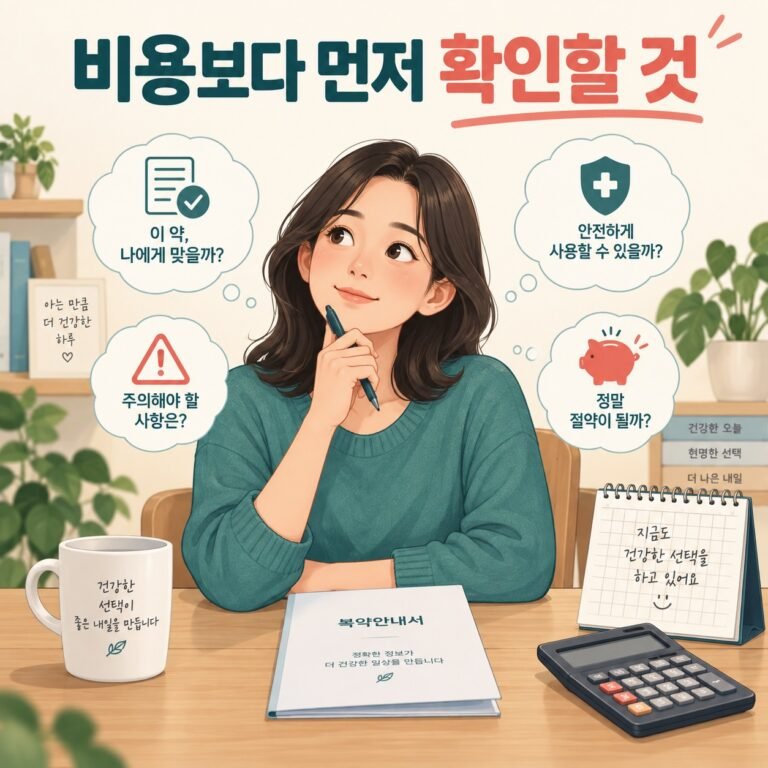 비용 절약 전에 의약품 설명서와 안전한 사용 조건을 확인하는 모습